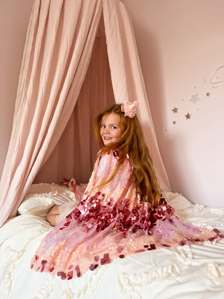 Kids Sequin Covered enchanted Flamingo Pink Dream Cape for Dress Up 