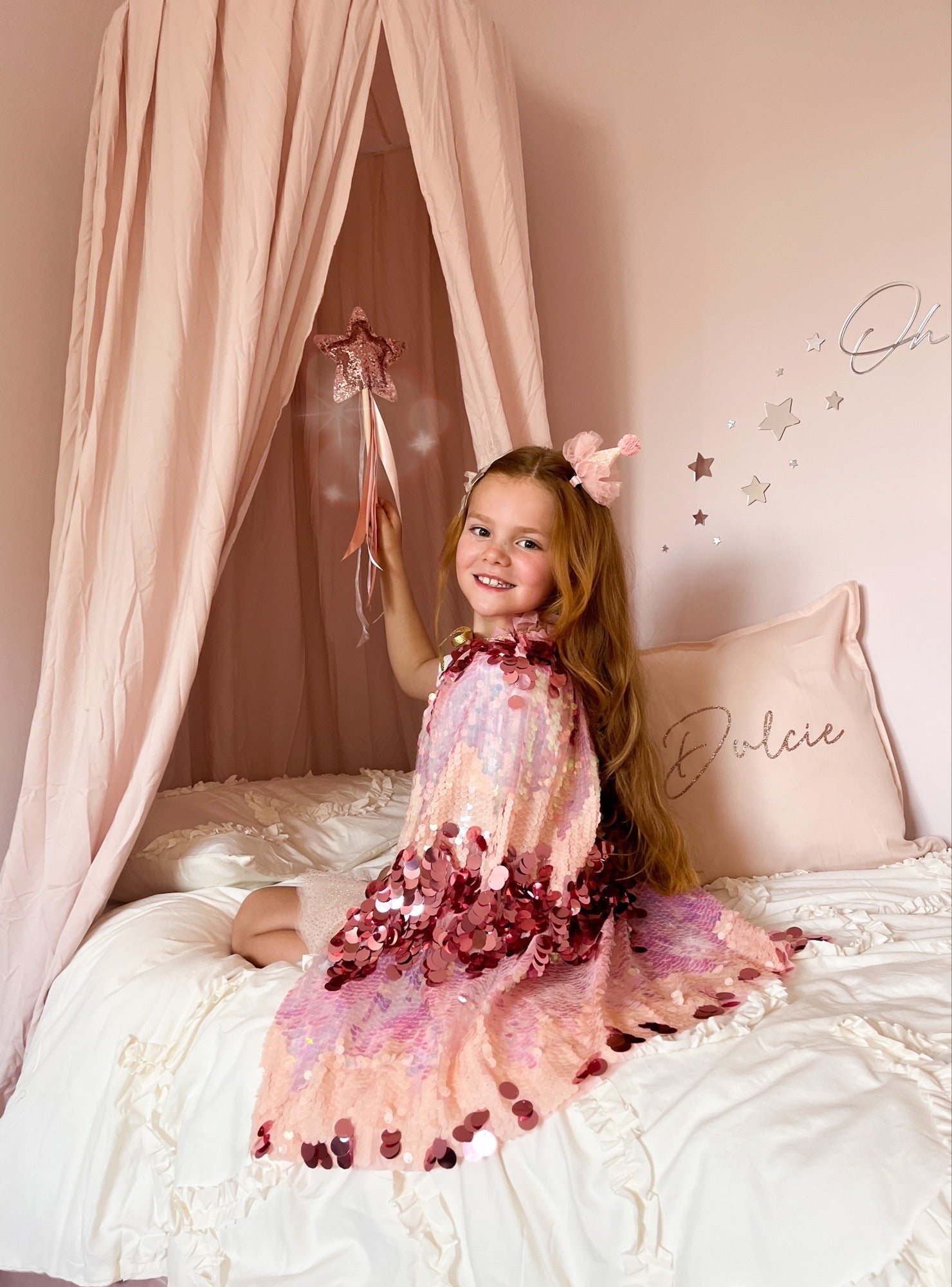 Kids Sequin Covered enchanted Flamingo Pink Dream Cape for Dress Up 