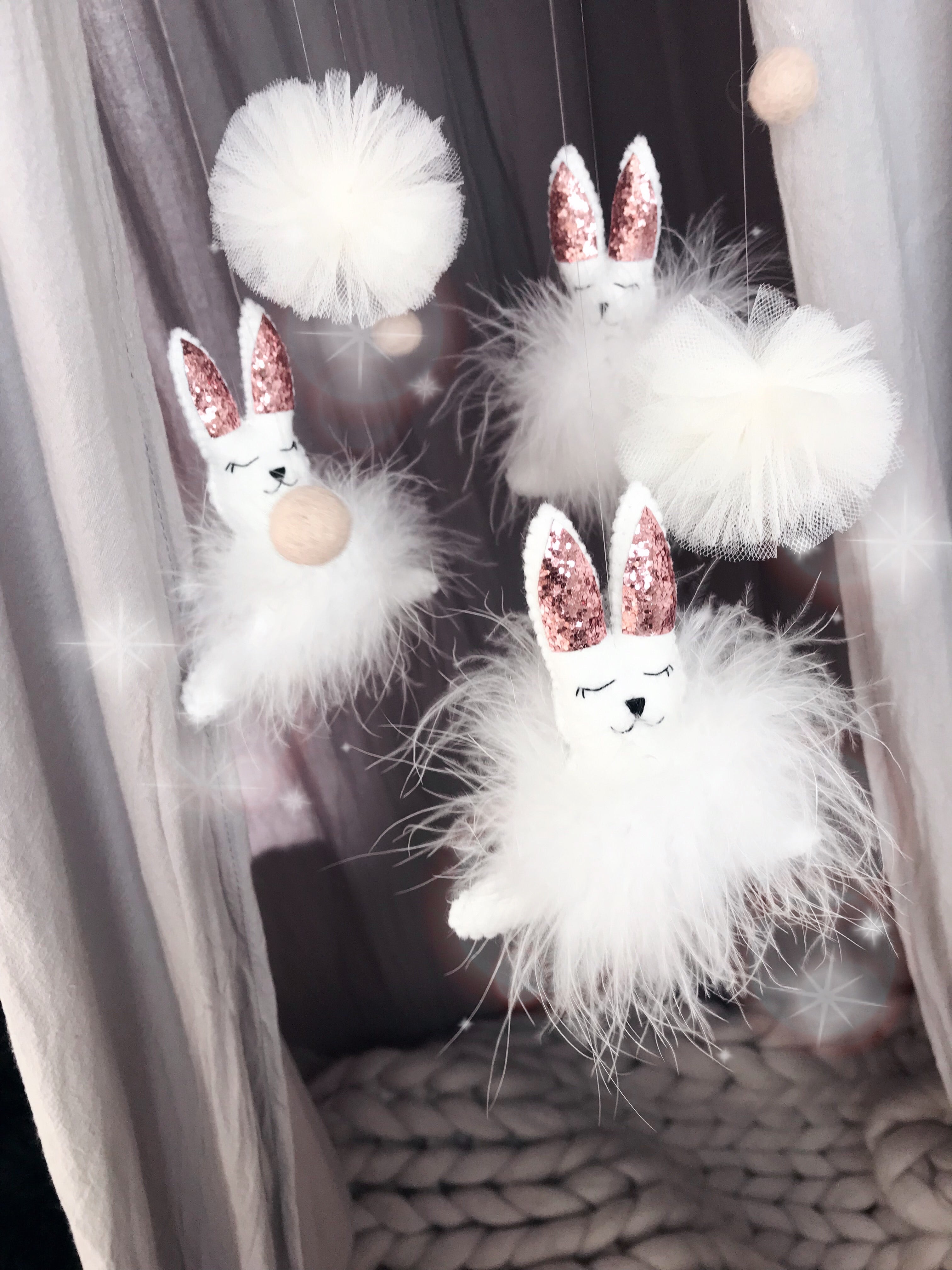 bunny mobile, handmade felt mobile, baby girl mobile, rabbit crib mobile, woodland baby decor, unique nursery accessories